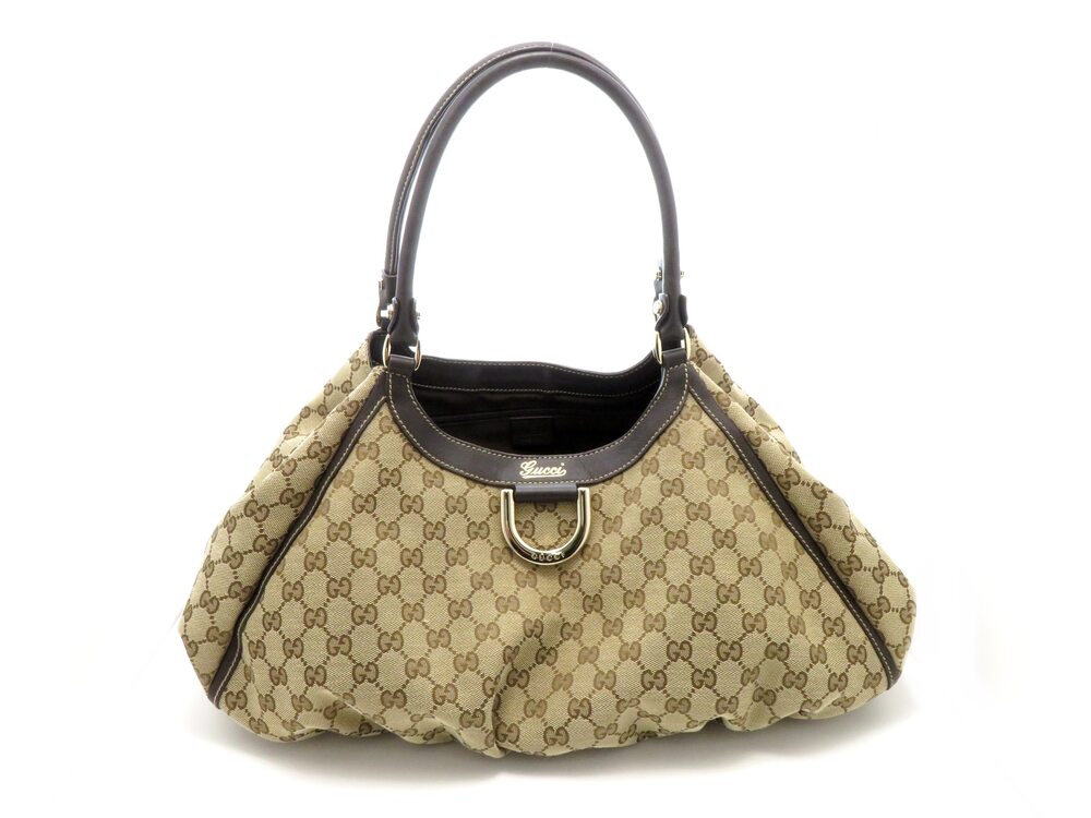 Gucci GG Tote Bag Dark Brown Beige Cream Canvas Calfskin